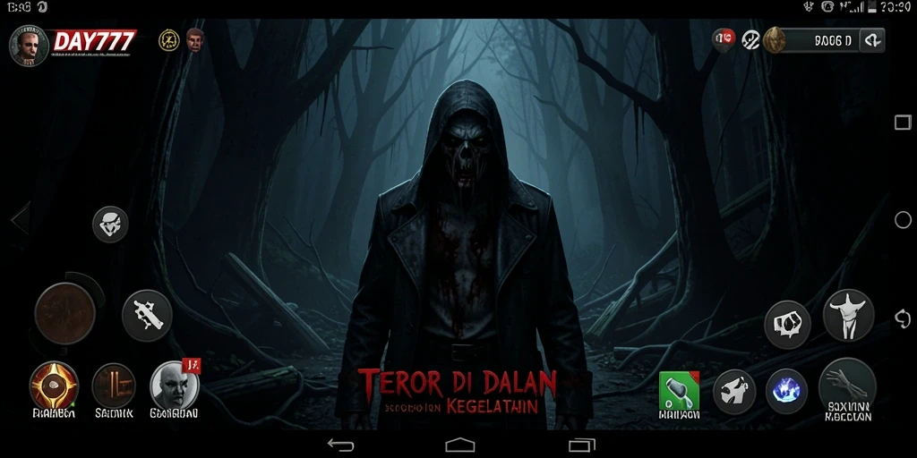 Screenshot gameplay DAY777 menunjukkan suasana Horror yang mencekam.
