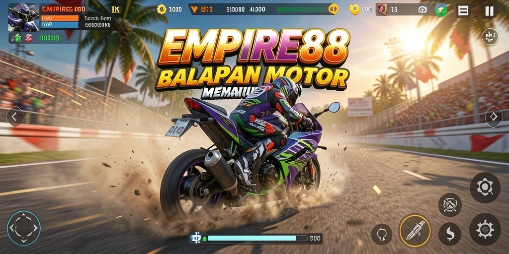 Screenshot utama EMPIRE88 menunjukkan balapan motor yang intens dan penuh aksi.