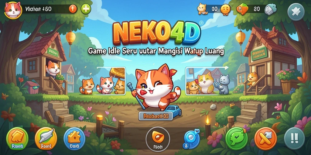 Tampilan gameplay <strong>NEKO4D</strong> menunjukkan kucing lucu yang sedang mengumpulkan sumber daya.